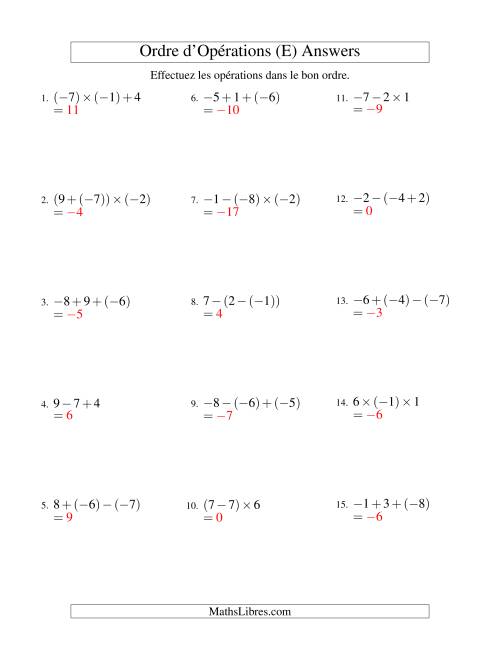 Ordre des opérations avec nombres entiers (deux étapes) -- Addition, soustraction et multiplication (E) page 2