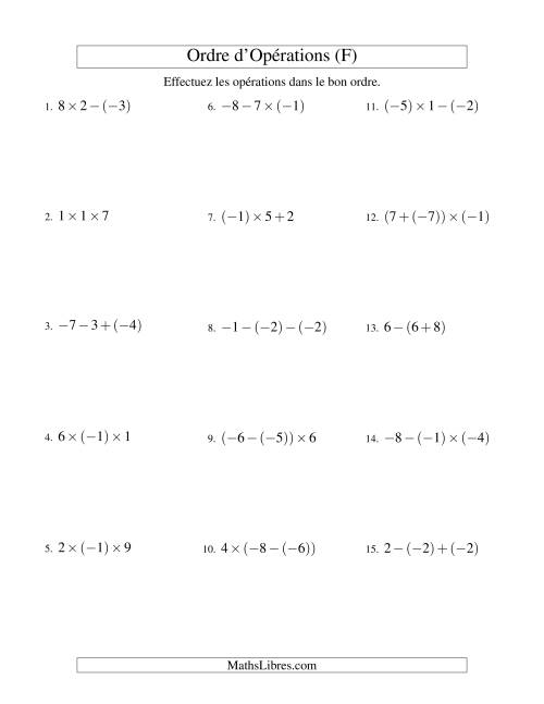 Ordre des opérations avec nombres entiers (deux étapes) -- Addition, soustraction et multiplication (F)