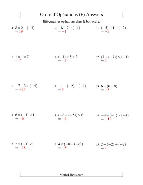 Ordre des opérations avec nombres entiers (deux étapes) -- Addition, soustraction et multiplication (F) page 2