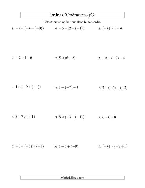 Ordre des opérations avec nombres entiers (deux étapes) -- Addition, soustraction et multiplication (G)
