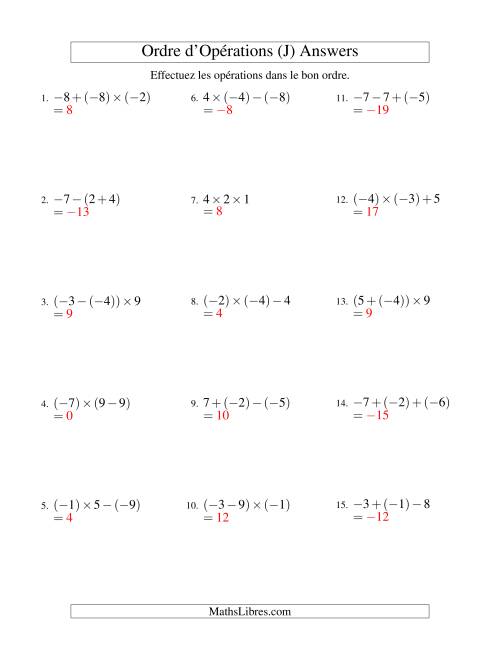 Ordre des opérations avec nombres entiers (deux étapes) -- Addition, soustraction et multiplication (J) page 2