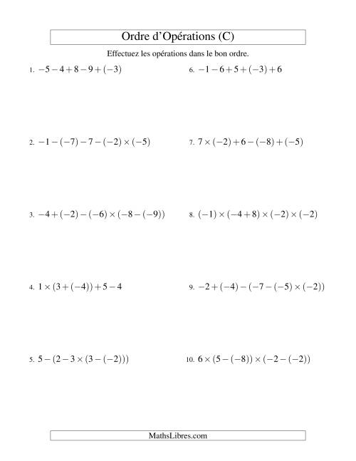 Ordre des opérations avec nombres entiers (quatre étapes) -- Addition, soustraction et multiplication (C)