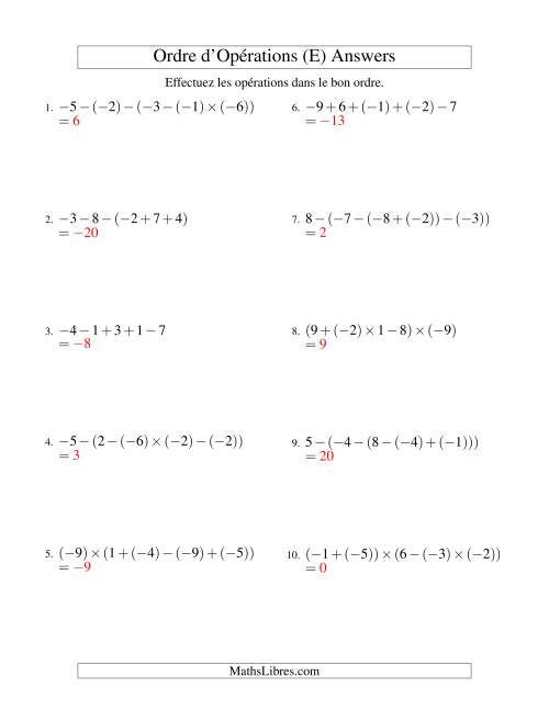 Ordre des opérations avec nombres entiers (quatre étapes) -- Addition, soustraction et multiplication (E) page 2