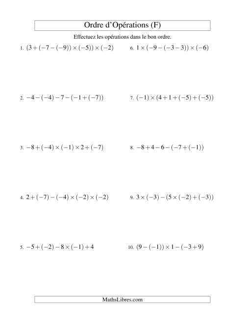 Ordre des opérations avec nombres entiers (quatre étapes) -- Addition, soustraction et multiplication (F)
