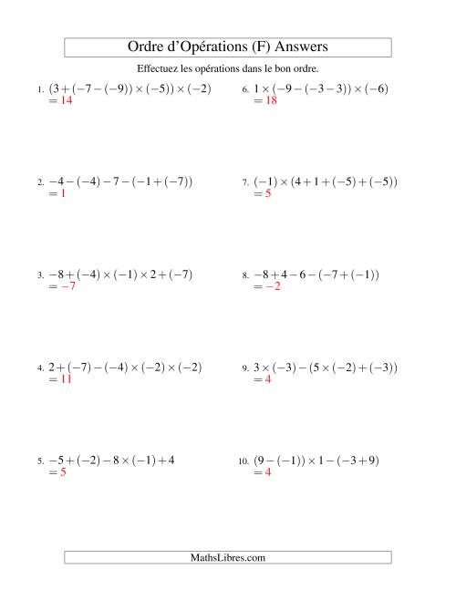 Ordre des opérations avec nombres entiers (quatre étapes) -- Addition, soustraction et multiplication (F) page 2