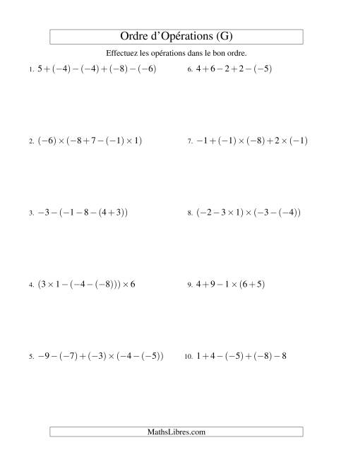 Ordre des opérations avec nombres entiers (quatre étapes) -- Addition, soustraction et multiplication (G)
