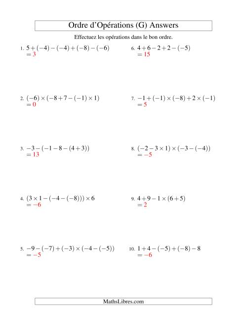 Ordre des opérations avec nombres entiers (quatre étapes) -- Addition, soustraction et multiplication (G) page 2
