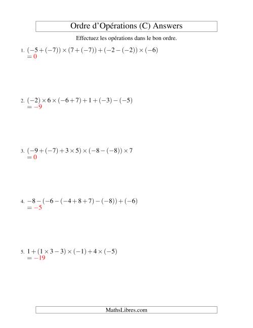 Ordre des opérations avec nombres entiers (six étapes) -- Addition, soustraction et multiplication (C) page 2