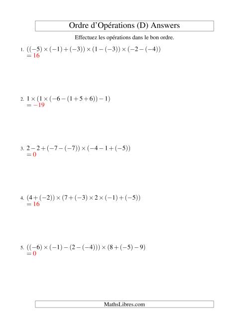 Ordre des opérations avec nombres entiers (six étapes) -- Addition, soustraction et multiplication (D) page 2