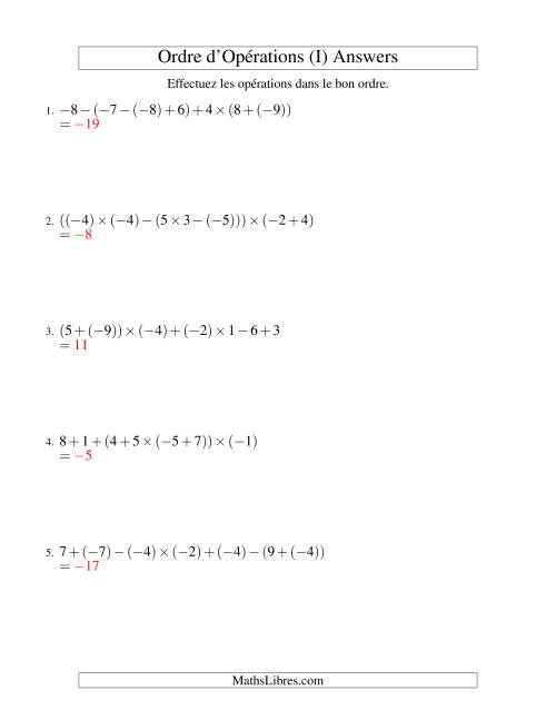Ordre des opérations avec nombres entiers (six étapes) -- Addition, soustraction et multiplication (I) page 2