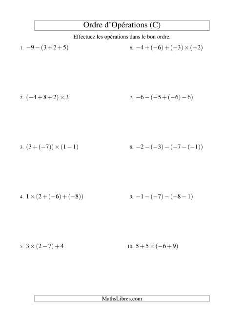 Ordre des opérations avec nombres entiers (trois étapes) -- Addition, soustraction et multiplication (C)