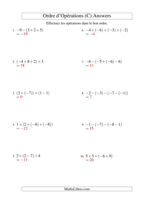 Ordre des opérations avec nombres entiers (trois étapes) -- Addition, soustraction et multiplication (C) page 2