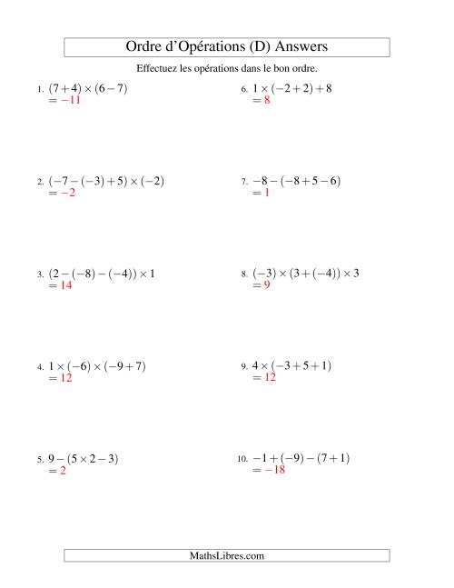 Ordre des opérations avec nombres entiers (trois étapes) -- Addition, soustraction et multiplication (D) page 2