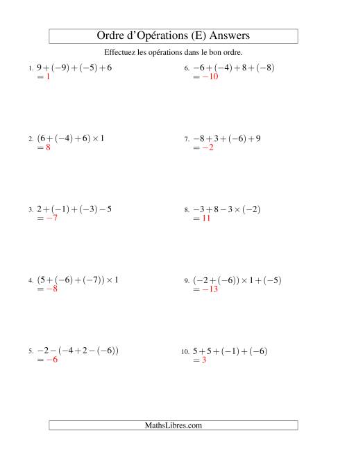 Ordre des opérations avec nombres entiers (trois étapes) -- Addition, soustraction et multiplication (E) page 2