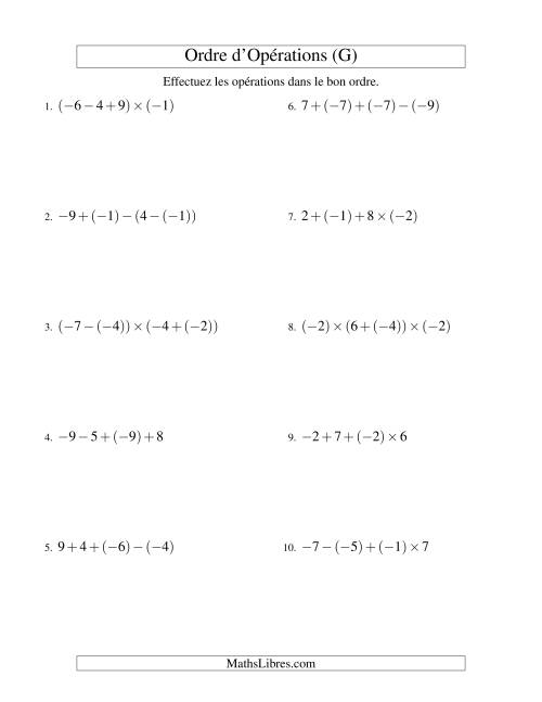 Ordre des opérations avec nombres entiers (trois étapes) -- Addition, soustraction et multiplication (G)