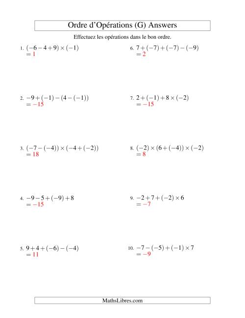 Ordre des opérations avec nombres entiers (trois étapes) -- Addition, soustraction et multiplication (G) page 2