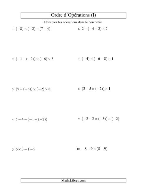 Ordre des opérations avec nombres entiers (trois étapes) -- Addition, soustraction et multiplication (I)