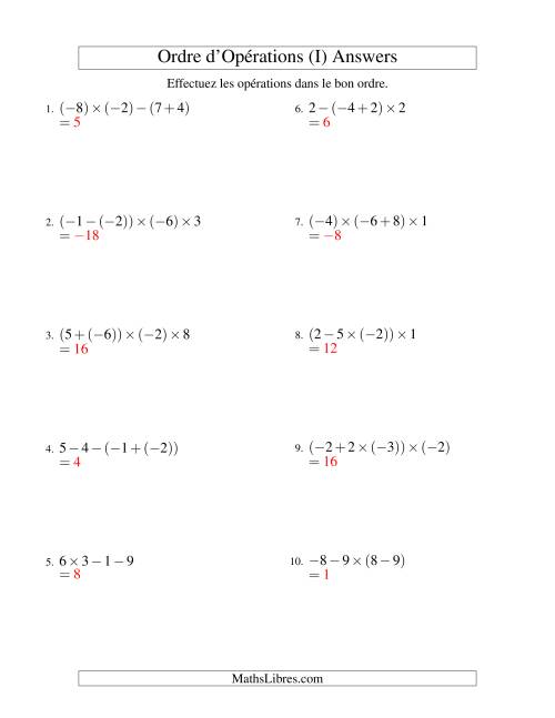 Ordre des opérations avec nombres entiers (trois étapes) -- Addition, soustraction et multiplication (I) page 2