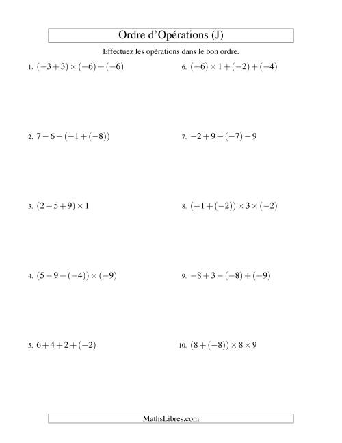 Ordre des opérations avec nombres entiers (trois étapes) -- Addition, soustraction et multiplication (J)