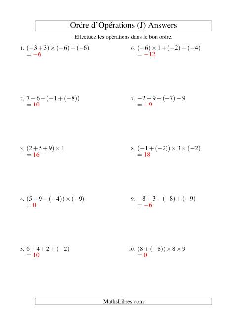 Ordre des opérations avec nombres entiers (trois étapes) -- Addition, soustraction et multiplication (J) page 2