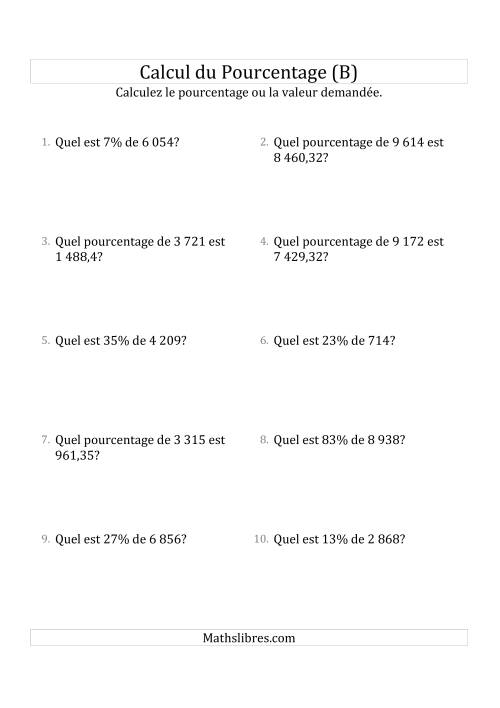 Problèmes de Pourcentage Mixtes avec des Montants de Nombres Décimaux et des Pourcentages Variant de 1 à 99 (B)
