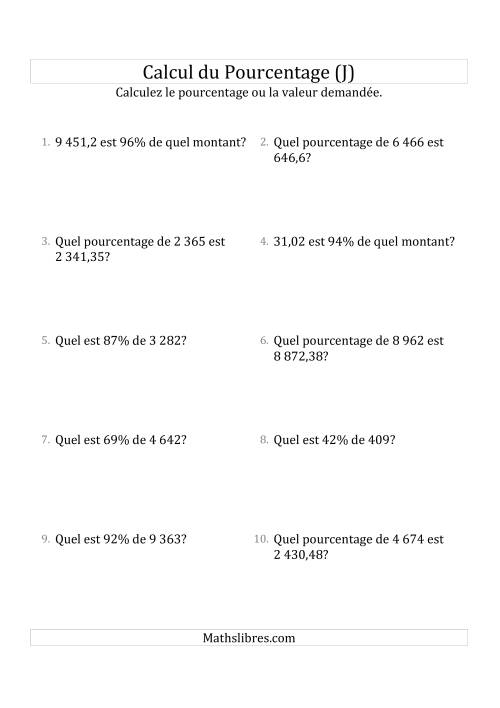 Problèmes de Pourcentage Mixtes avec des Montants de Nombres Décimaux et des Pourcentages Variant de 1 à 99 (J)