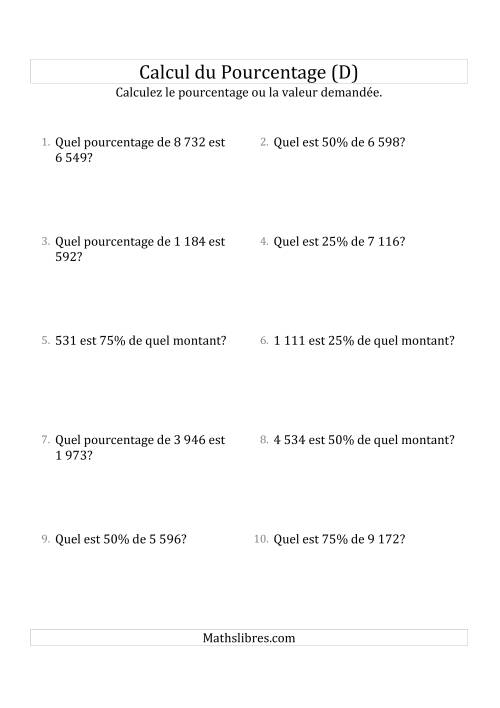 Problèmes de Pourcentage Mixtes avec des Montants de Nombres Entiers et des Pourcentages Multiples de 25 (D)