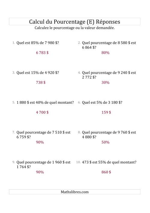 Problèmes de Pourcentage Mixtes avec des Montants de Nombres Entiers et des Pourcentages Multiples de 5 (Sommes en Dollars) (E) page 2