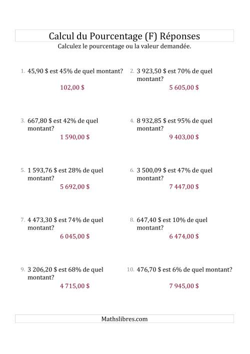 Calcul du Montant Original des Nombres Décimaux et des Pourcentages Variant de 1 à 99 (Sommes en Dollars) (F) page 2
