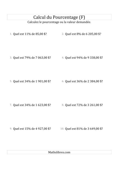 Calcul de la Valeur en Pourcentage des Nombres Décimaux et des Pourcentages Variant de 1 à 99 (Sommes en Dollars) (F)