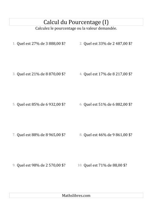 Calcul de la Valeur en Pourcentage des Nombres Décimaux et des Pourcentages Variant de 1 à 99 (Sommes en Dollars) (I)