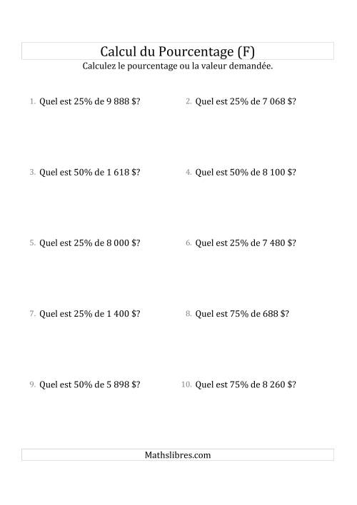 Calcul de la Valeur en Pourcentage des Nombres Entiers et des Pourcentages Variant de 1 à 99 (Sommes en Dollars) (F)