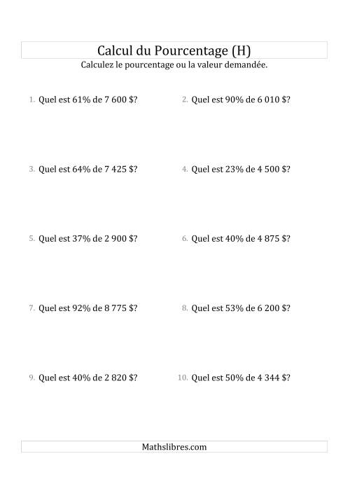 Calcul de la Valeur en Pourcentage des Nombres Décimaux et des Pourcentages Multiples de 25 (Sommes en Dollars) (H)