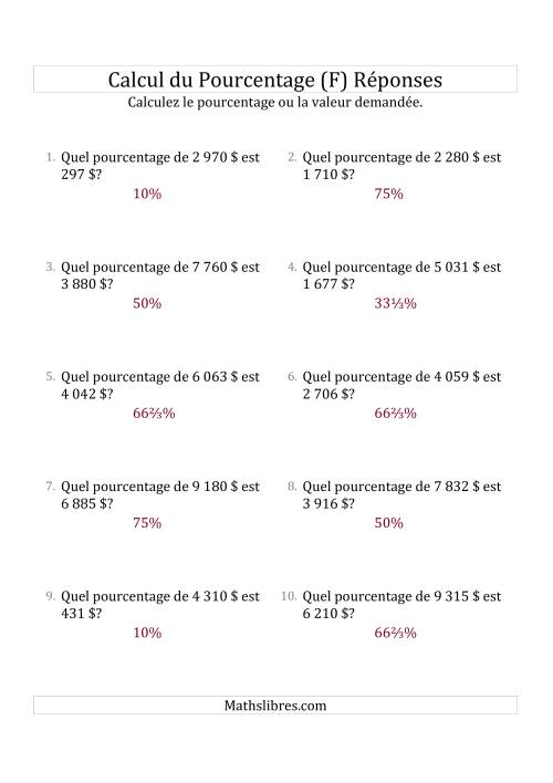 Calcul du Taux de Pourcentage des Nombres Entiers et la Sélection de Pourcentages (Sommes en Dollars) (F) page 2