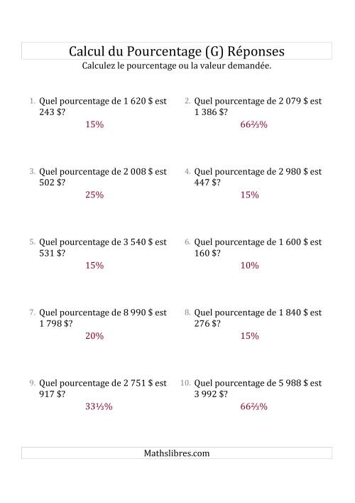 Calcul du Taux de Pourcentage des Nombres Entiers et la Sélection de Pourcentages (Sommes en Dollars) (G) page 2