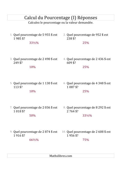 Calcul du Taux de Pourcentage des Nombres Entiers et la Sélection de Pourcentages (Sommes en Dollars) (I) page 2