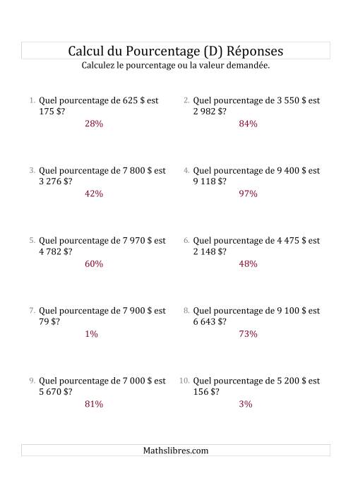 Calcul du Taux de Pourcentage des Nombres Entiers et des Pourcentages Variant de 1 à 99 (Sommes en Dollars) (D) page 2