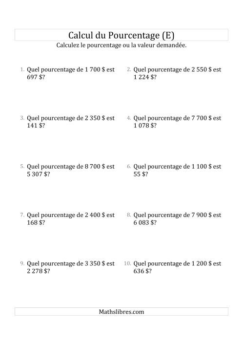 Calcul du Taux de Pourcentage des Nombres Entiers et des Pourcentages Variant de 1 à 99 (Sommes en Dollars) (E)