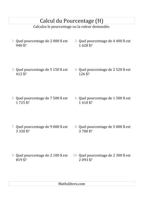 Calcul du Taux de Pourcentage des Nombres Entiers et des Pourcentages Variant de 1 à 99 (Sommes en Dollars) (H)