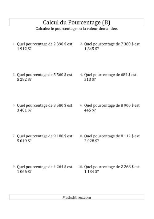 Calcul du Taux de Pourcentage des Nombres Entiers et des Pourcentages Multiples de 5 (Sommes en Dollars) (B)