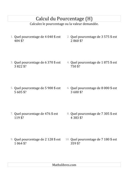 Calcul du Taux de Pourcentage des Nombres Entiers et des Pourcentages Multiples de 5 (Sommes en Dollars) (H)