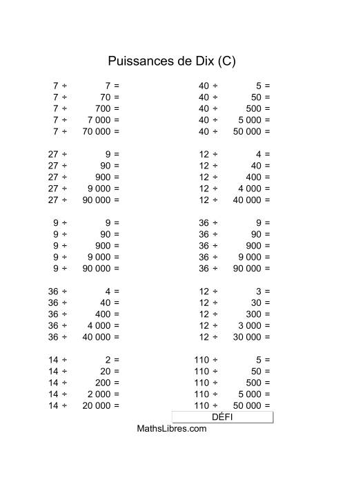 Nombres un-chiffre divisés par multiples de puissances positives de dix (C)
