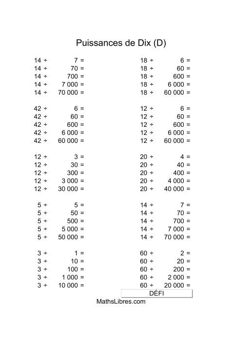 Nombres un-chiffre divisés par multiples de puissances positives de dix (D)