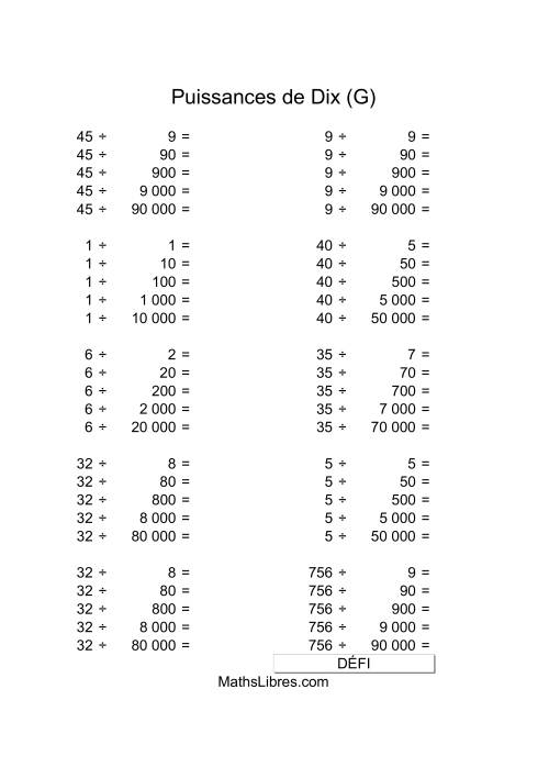 Nombres un-chiffre divisés par multiples de puissances positives de dix (G)