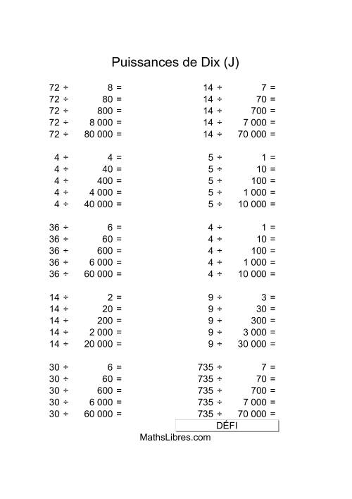 Nombres un-chiffre divisés par multiples de puissances positives de dix (J)