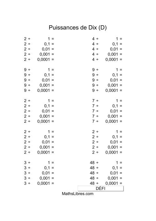 Nombres un-chiffre divisés par puissances négatives de dix (D)