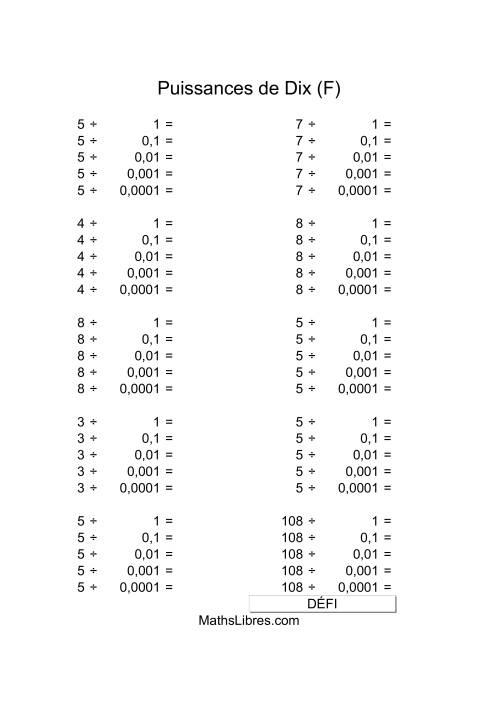 Nombres un-chiffre divisés par puissances négatives de dix (F)