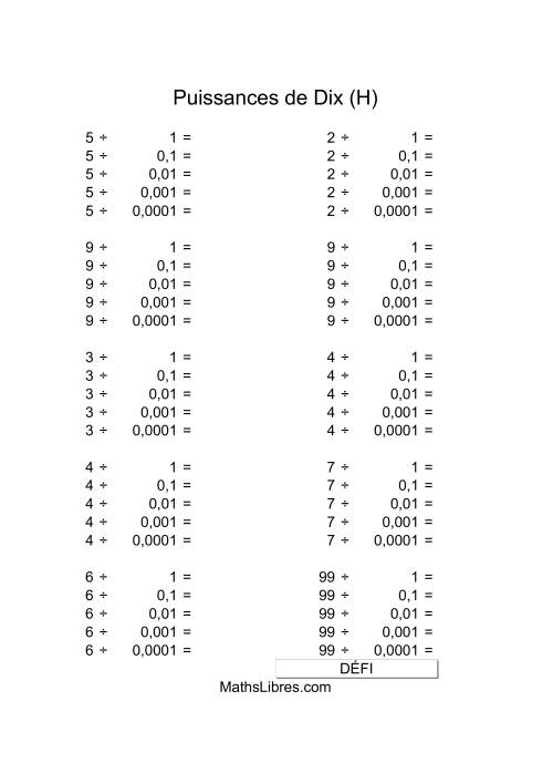 Nombres un-chiffre divisés par puissances négatives de dix (H)