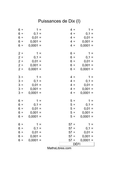 Nombres un-chiffre divisés par puissances négatives de dix (I)