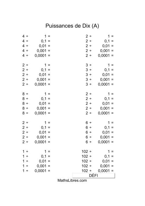 Nombres un-chiffre divisés par puissances négatives de dix (Tout)
